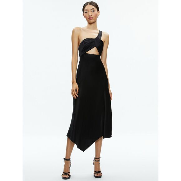 NWT Alice + Olivia Harmony Twist Front Cut Out Midi Dress in Black Satin Size 2 - Picture 2 of 15